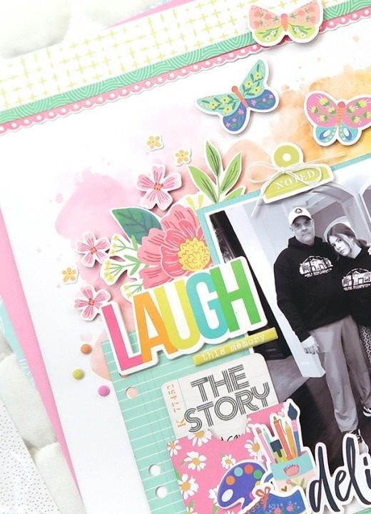 Scrapbook layout: Bright layered family layout ('LAUGH'), May 2026 kit