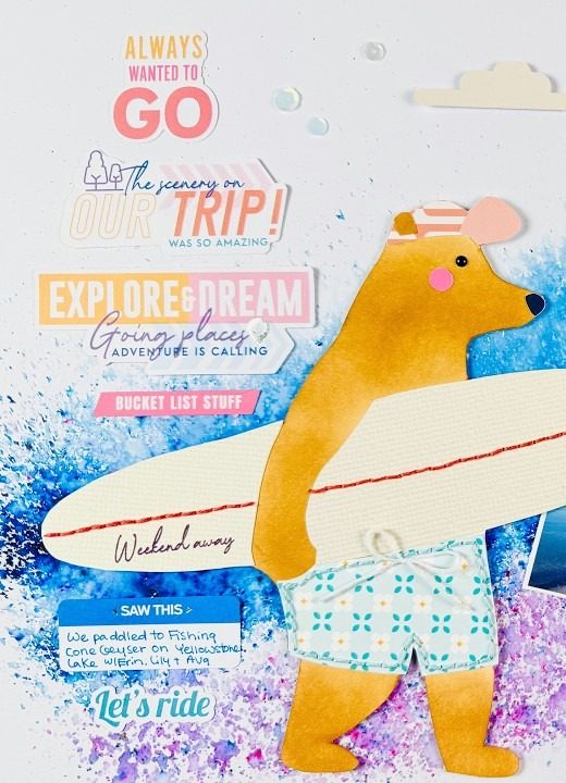 Scrapbook layout: Surfing-bear travel layout detail