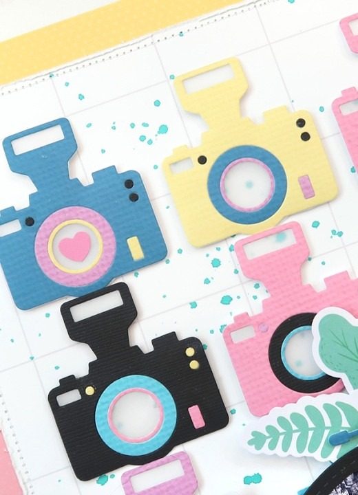 Scrapbook layout: Pastel camera die-cut grid (no people photo)
