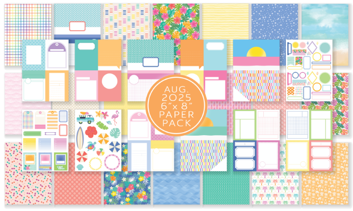 1 FULL August 2025 - HKC Exclusive - Signs of Summer - 6"x 8" Pocket Life Paper Pack (18 cardstock weight double sided sheets) 4-5 sheets DOUBLE SIDED Cut Apart Journaling Cards 2-3 Cut Apart Sheets (Tags, Labels & Icons)10 sheets DOUBLE SIDED Patterned Paper (10 of the same patterns included in our Paper Kit, but printed in a smaller scale) 1 - HKC Exclusive - 4"x 6" Photopolymer Clear Pocket Life Stamp Set